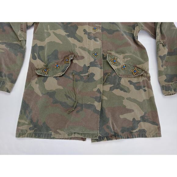Western Denim Bank Jeans Co Jacket Green Camo Military Embroidered Studded Med - Picture 10 of 15